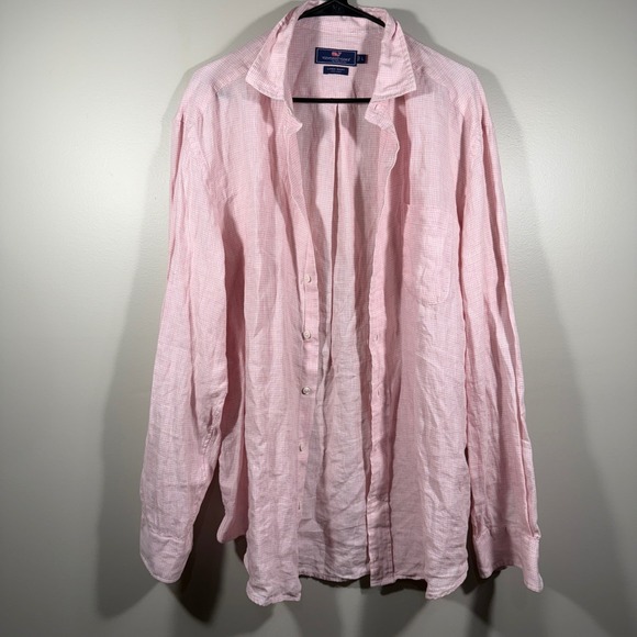 Vineyard Vines Mens 100% Linen Shirt Pink Checkered Long Sleeve Button Down sz L - Picture 1 of 6